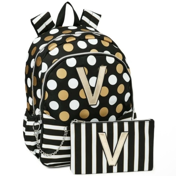 Justice Backpack Initial V Black White Gold Polka Dots Bookbag & Wristlet NEW - Picture 3 of 5